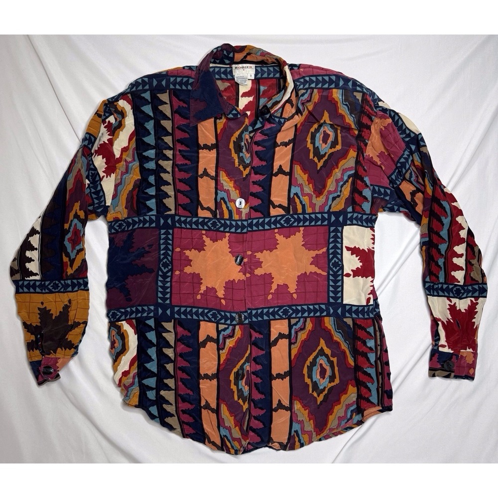 Rodier Paris 100% Silk Colorful Southwestern Geometric‎ Pattern Womens Size 3